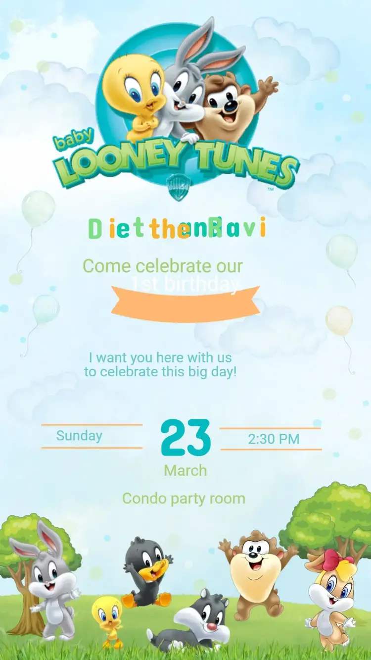 Invitation BABY LOONEY TUNES Birthday Invitation – Kids' Birthday Party theme colorful, fun, playful, lively, childlike