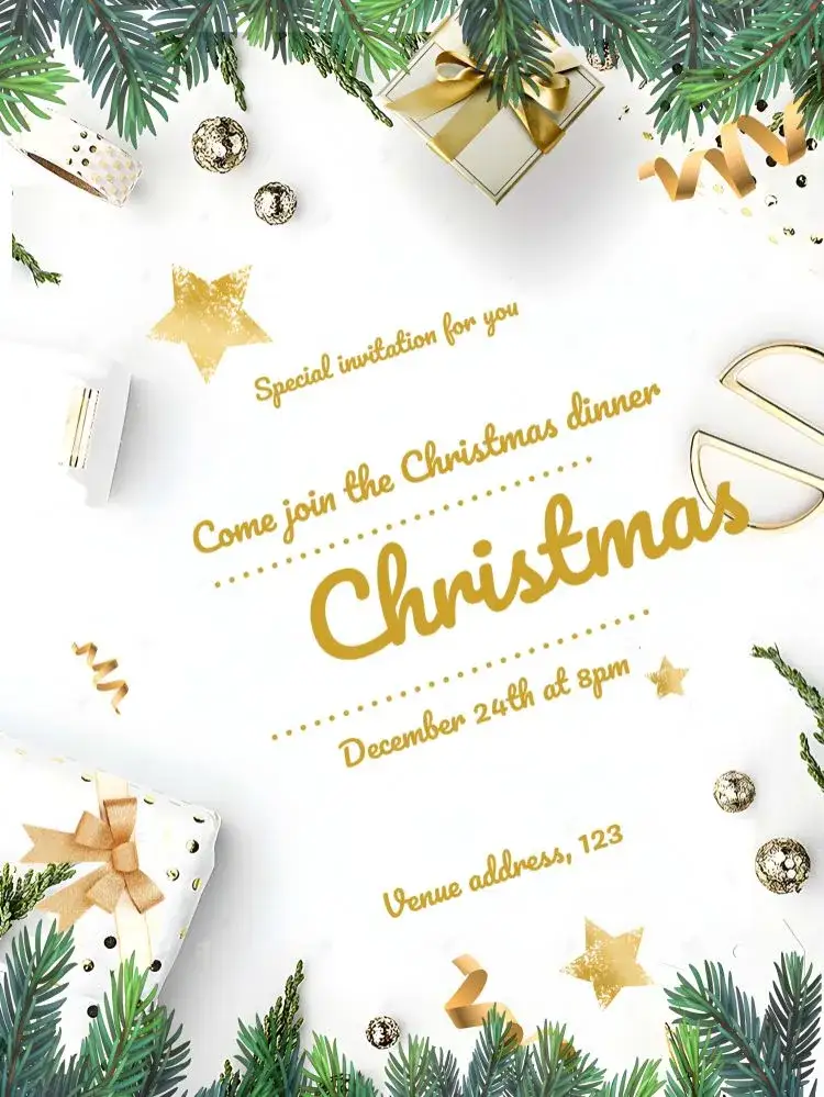 Invitation Christmas Fellowship – Commemorative Dates theme red and green, gold and white, inspired by snowflakes, vintage Christmas, modern and minimalist