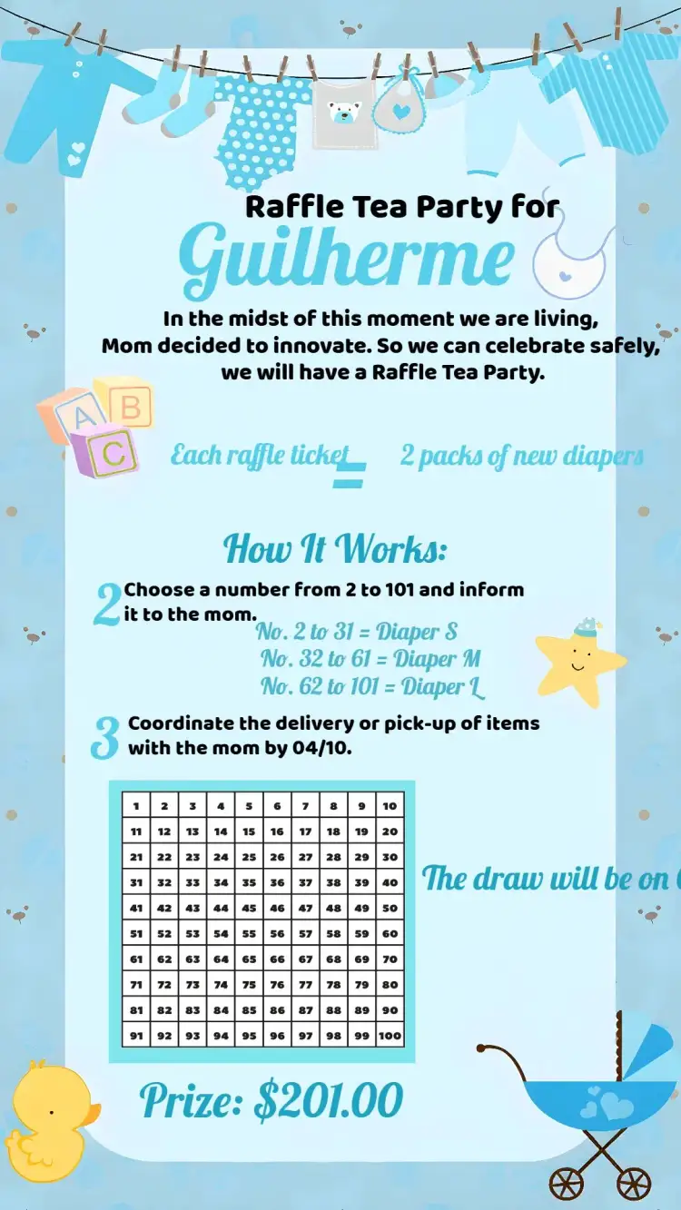 Invitation Chá Raffle Clothesline Clothes Raffle – Raffle Tea theme blue and white, childish style, teddy bears, clothesline, modern, fun