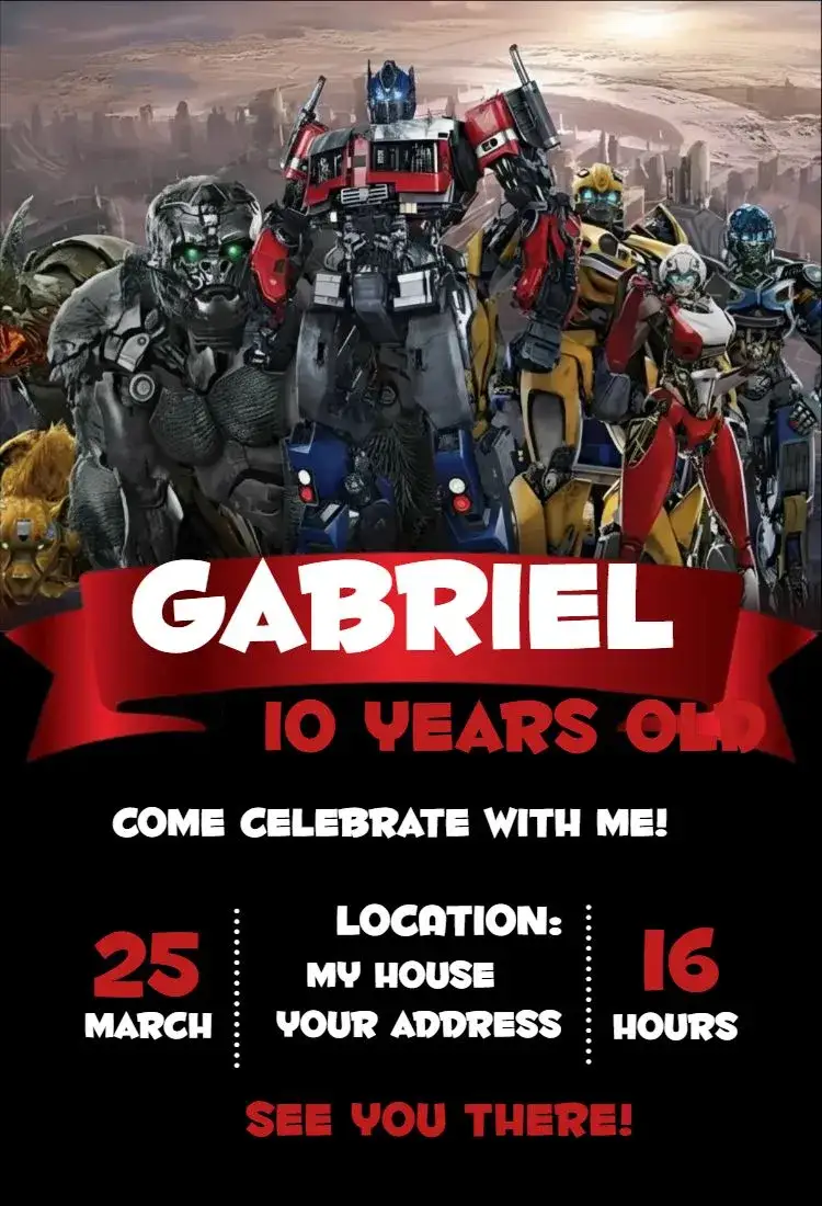 Invitation Transformers 2 – Kids' Birthday Party theme modern, action-themed, vibrant colors, pop style, futuristic, adventure