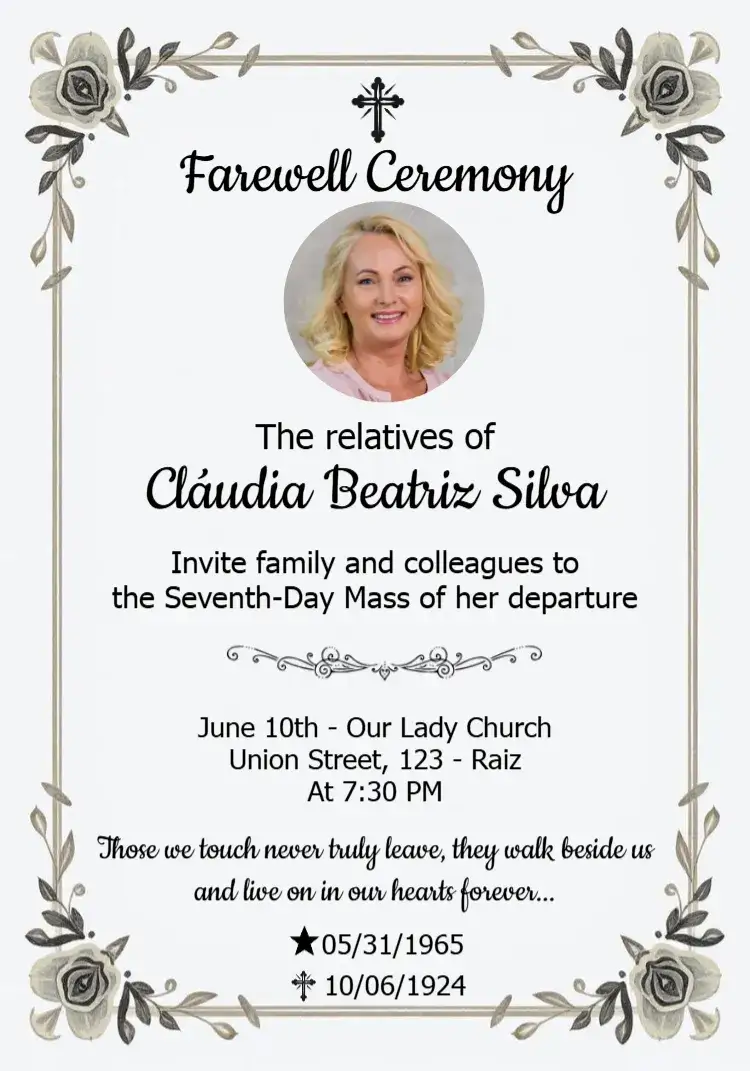 Invitation Seventh Day Mass With Religious Photo – Commemorative Dates theme floral, delicate, religious, minimalist, serene, soft