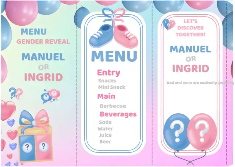 Invitation Menu Triangle Gender Reveal Totem – Gender Reveal theme modern, triangular, blue and pink, festive, minimalist