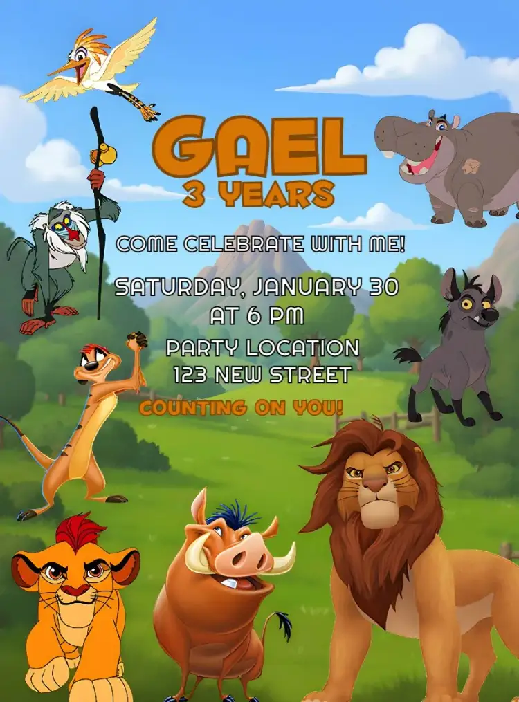 Invitation Rafiki Lion King – Kids' Birthday Party theme colorful, themed, jungle animals, fun, youthful