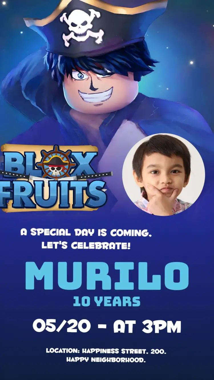 Invitation Blox Fruits With Roblox Photo – Kids' Birthday Party theme blue, gamer, Roblox-themed, fun, colorful