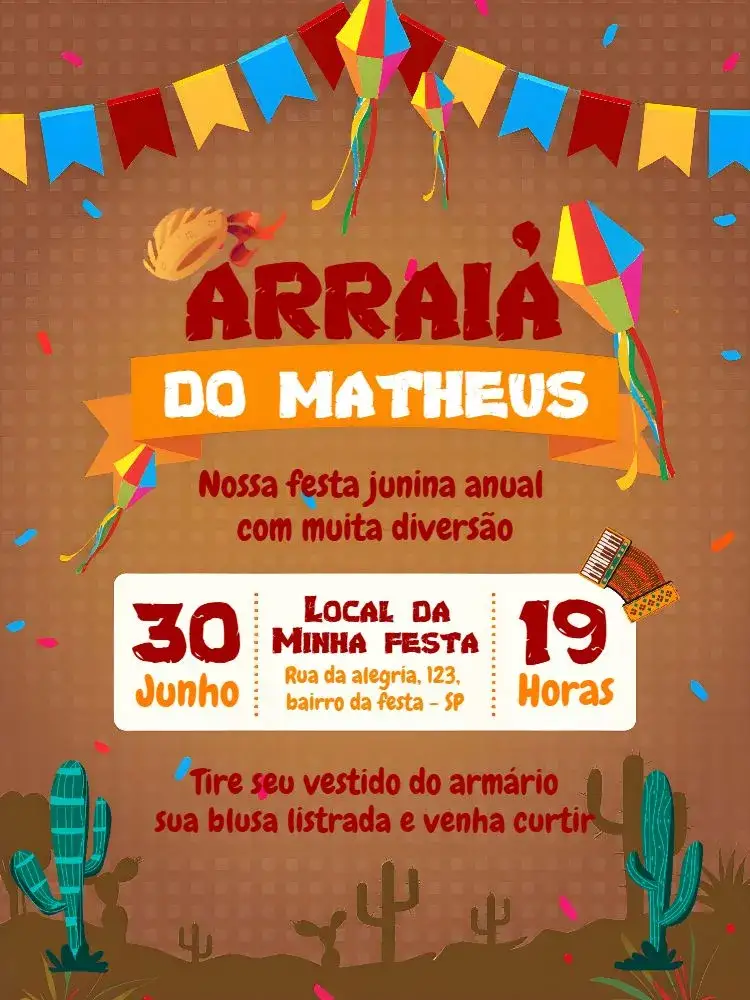 Invitation For June Party Arraiá São – Commemorative Dates theme colorful, rustic, vintage, themed, festive, traditional