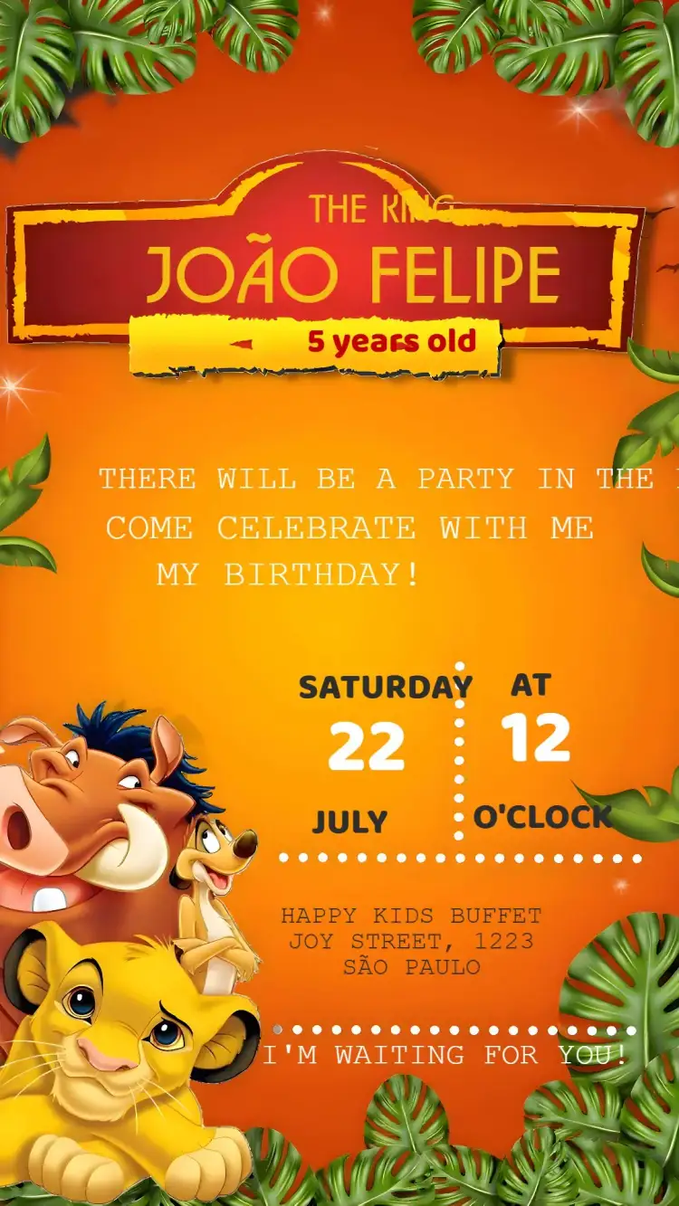 Invitation The Lion King Pumbaa – Kids' Birthday Party theme colorful, safari-themed, fun illustrations, cartoon style, savanna elements, cheerful design