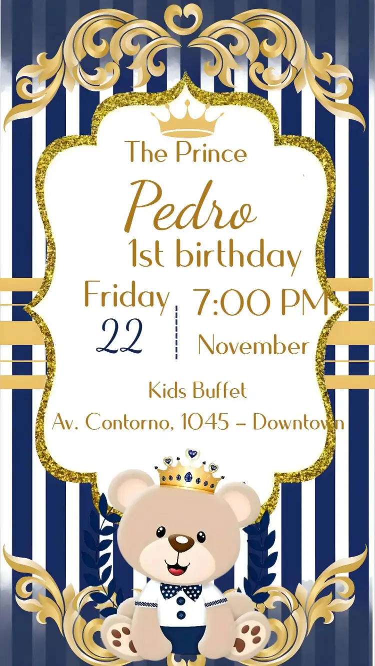 Invitation Prince Teddy Bear – Kids' Birthday Party theme golden, children's, royalty, cute, colorful, celebration