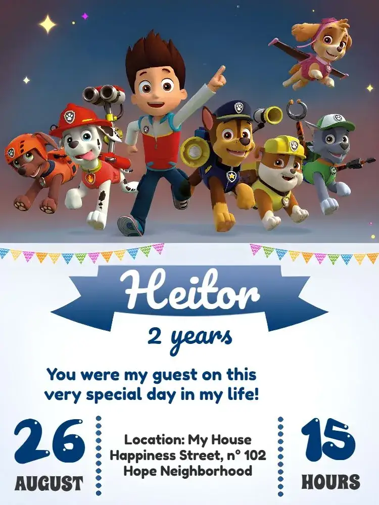 Invitation Blue Paw Patrol – Kids' Birthday Party theme blue, white, gray, fun, childlike, modern