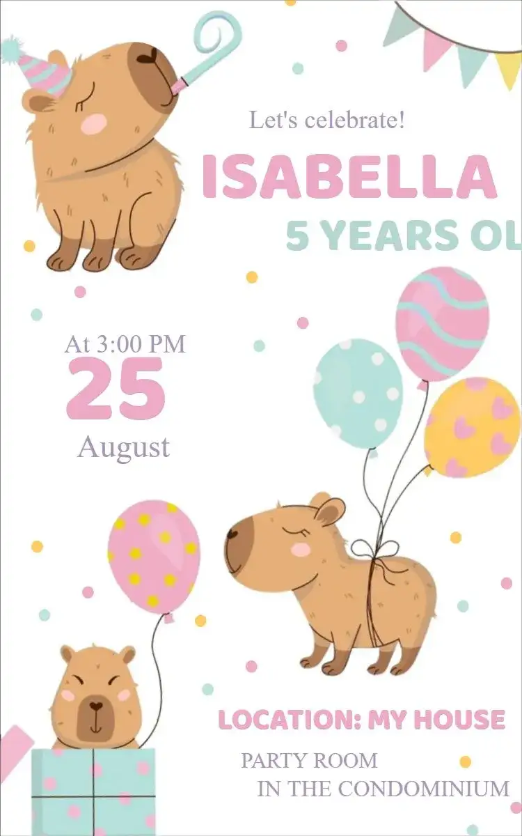 Invitation Invitation Pink and White Capybara – Kids' Birthday Party theme candy color, pastel shades, cute animals, playful style, kids party, modern