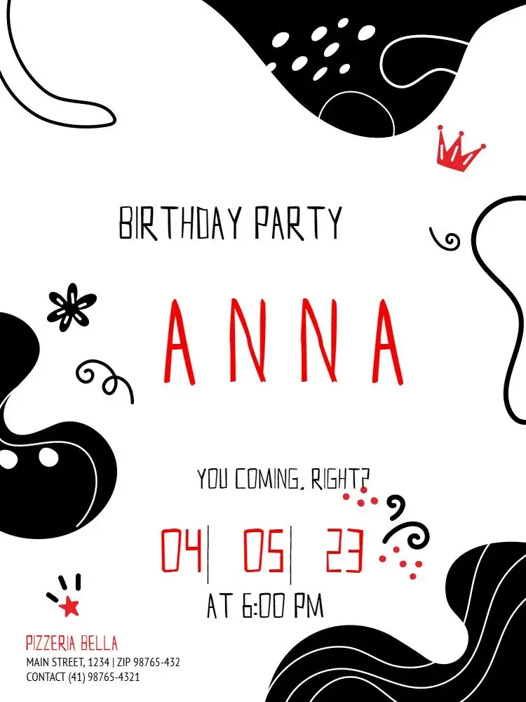 Invitation Black And Red Design – Kids' Birthday Party theme modern, fun, minimalist, illustration, colorful, childish