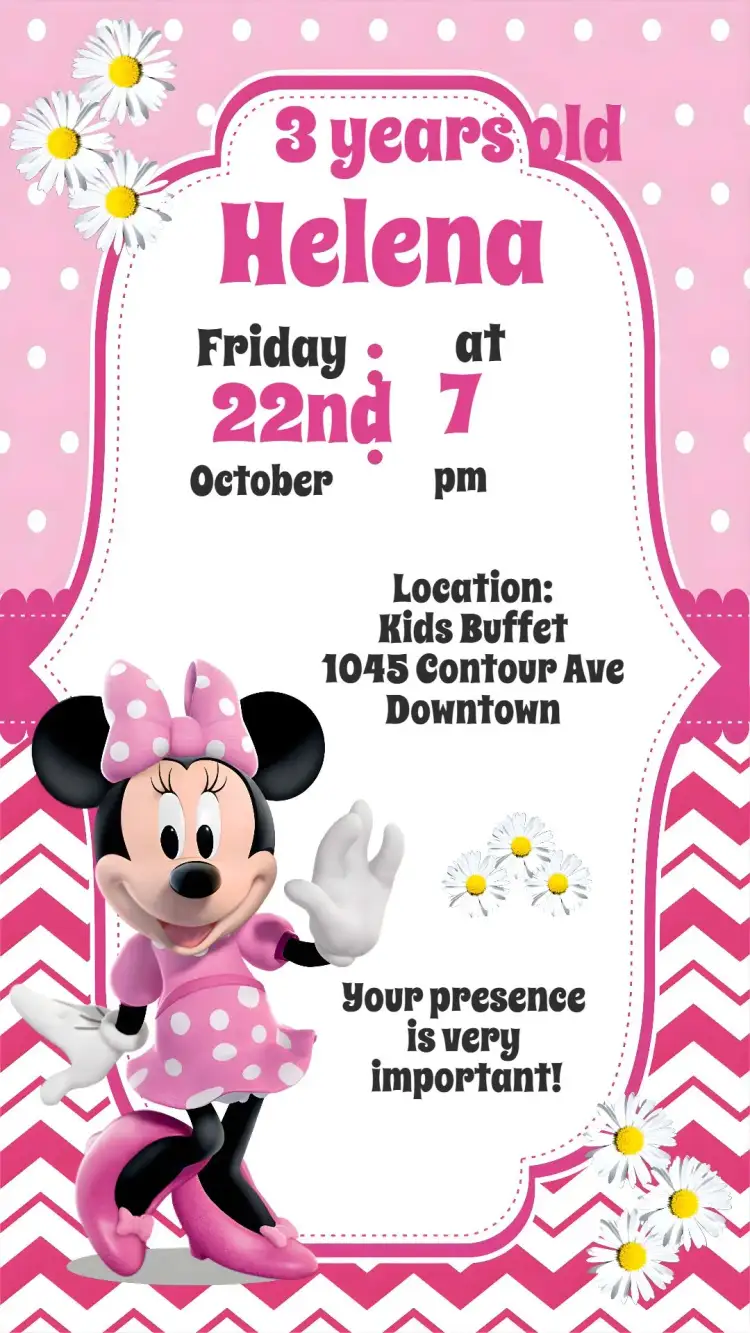 Invitation Minnie – Kids' Birthday Party theme pink, Disney, fun, colorful, childish, themed