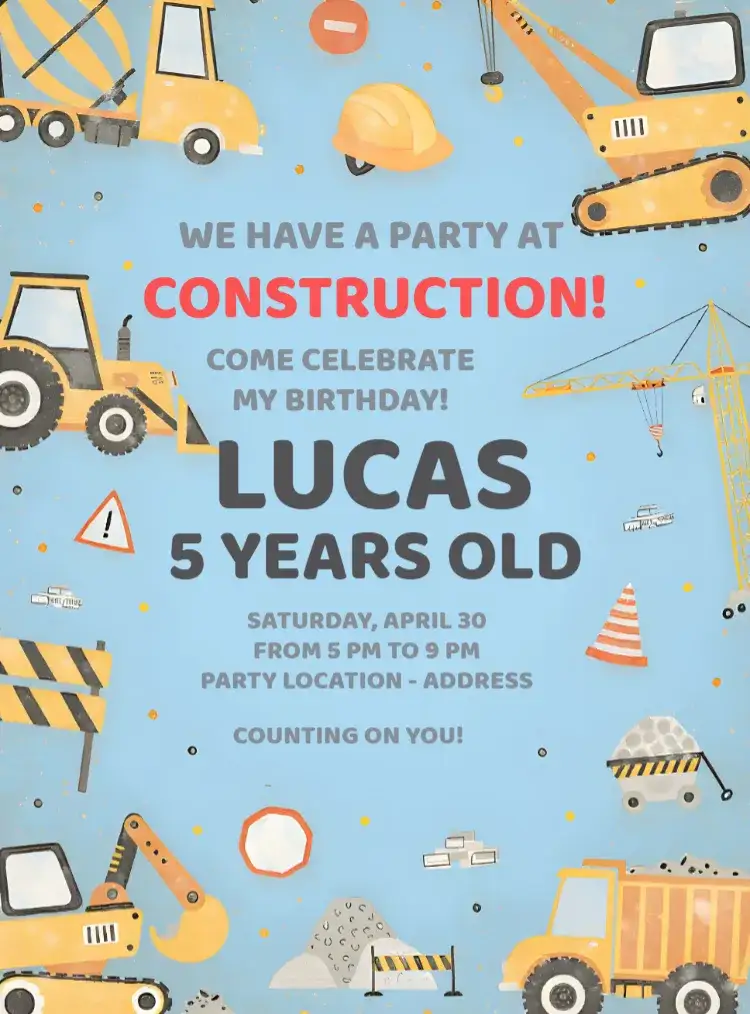 Invitation Stone Construction – Raffle Tea theme vibrant colors, fun style, construction graphic elements, children's theme, modern design