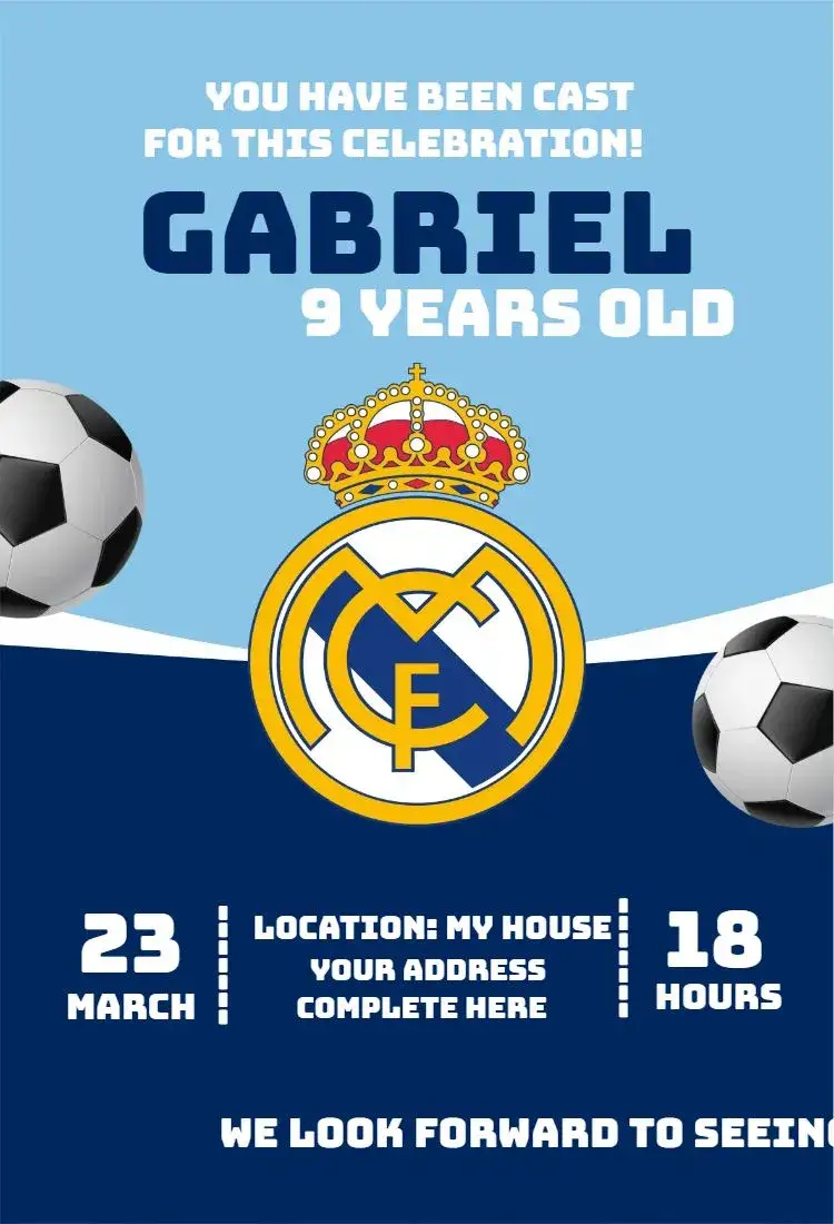 Invitation Real Madrid 2 – Birthday theme football, modern, vibrant, sporty, thematic
