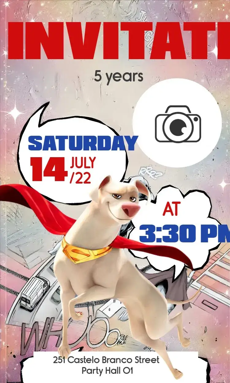 Invitation Super Pets With Comic Photo Comics – Most searched for theme colorful, fun, modern, illustrative, childlike