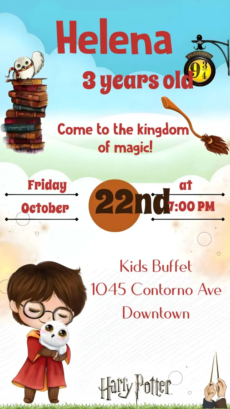 Invitation Harry Potter – Kids' Birthday Party theme magical, fantasy, adventure, vibrant, colorful