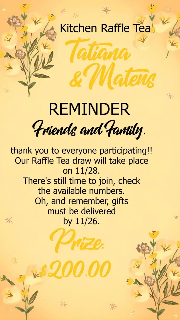 Invitation Reminder Kitchen Raffle Tea Floral Items – Bridal Shower theme floral, yellow, brown, white, modern, cheerful