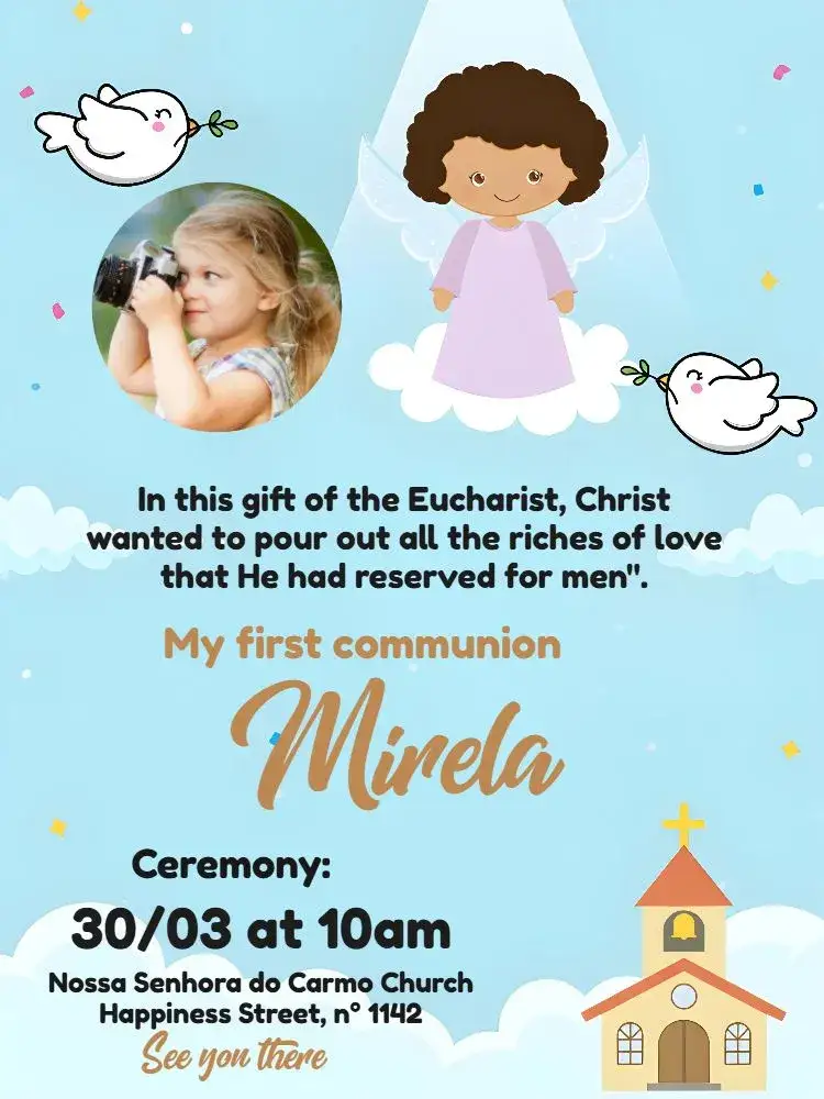 Invitation First Communion Girl With Photo – First Communion theme delicate, religious, soft, catholic, childlike