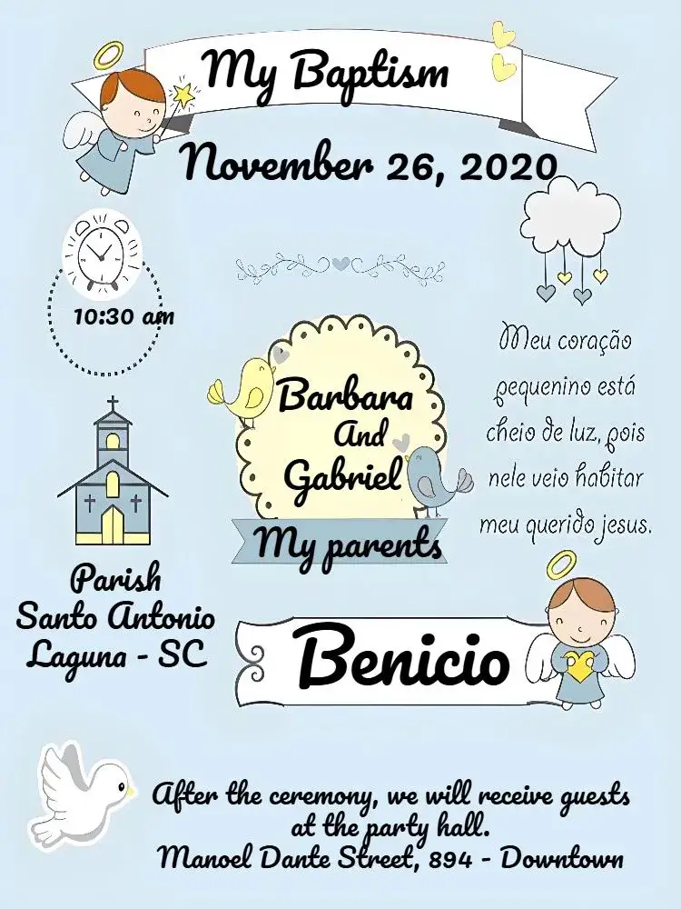 Invitation Blue Little Angel Boy Baptism – Baptism theme blue, white, little angels, birds, heart, delicate