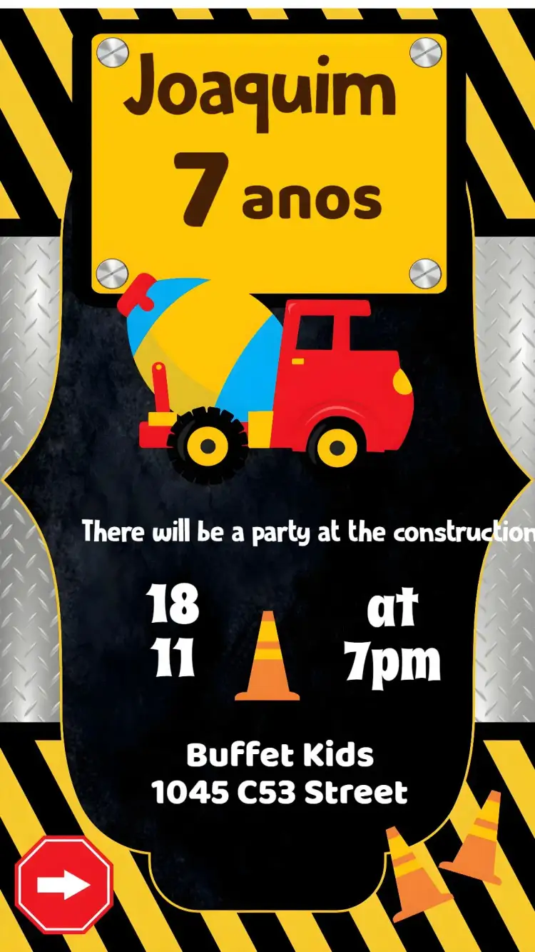 Invitation Builder – Kids' Birthday Party theme vibrant colors, playful style, construction elements, modern design, fun illustrations, construction theme