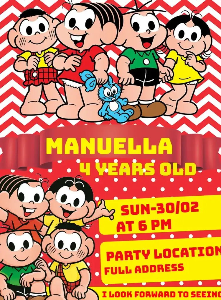 Invitation Turma Da Monica Magali – Kids' Birthday Party theme colorful, fun, childlike, illustrations, lively, playful