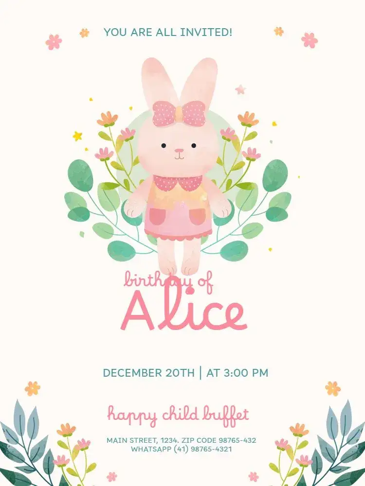 Invitation Girls' Bunny Floral Light – Kids' Birthday Party theme floral, delicate, playful, pink, light, feminine