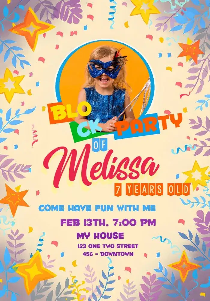 Invitation Photo Block Girl – Commemorative Dates theme colorful, childlike, fun, modern, playful