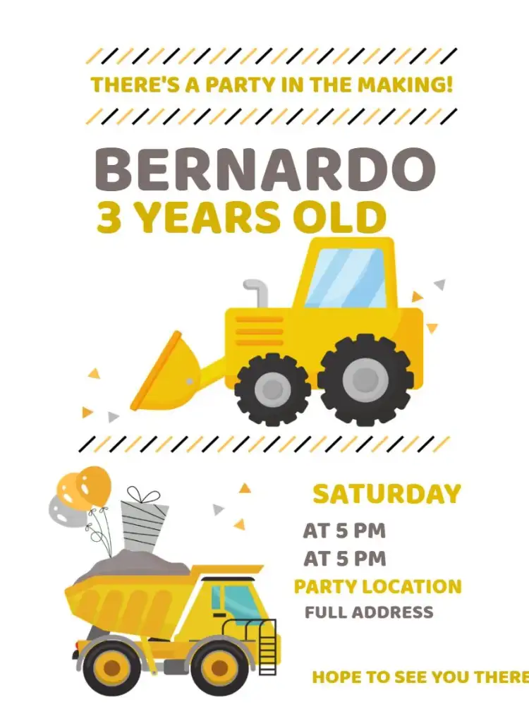 Invitation Construction Tractor Works – Raffle Tea theme construction, children's, toys, vibrant colors, fun theme, graphic elements of works