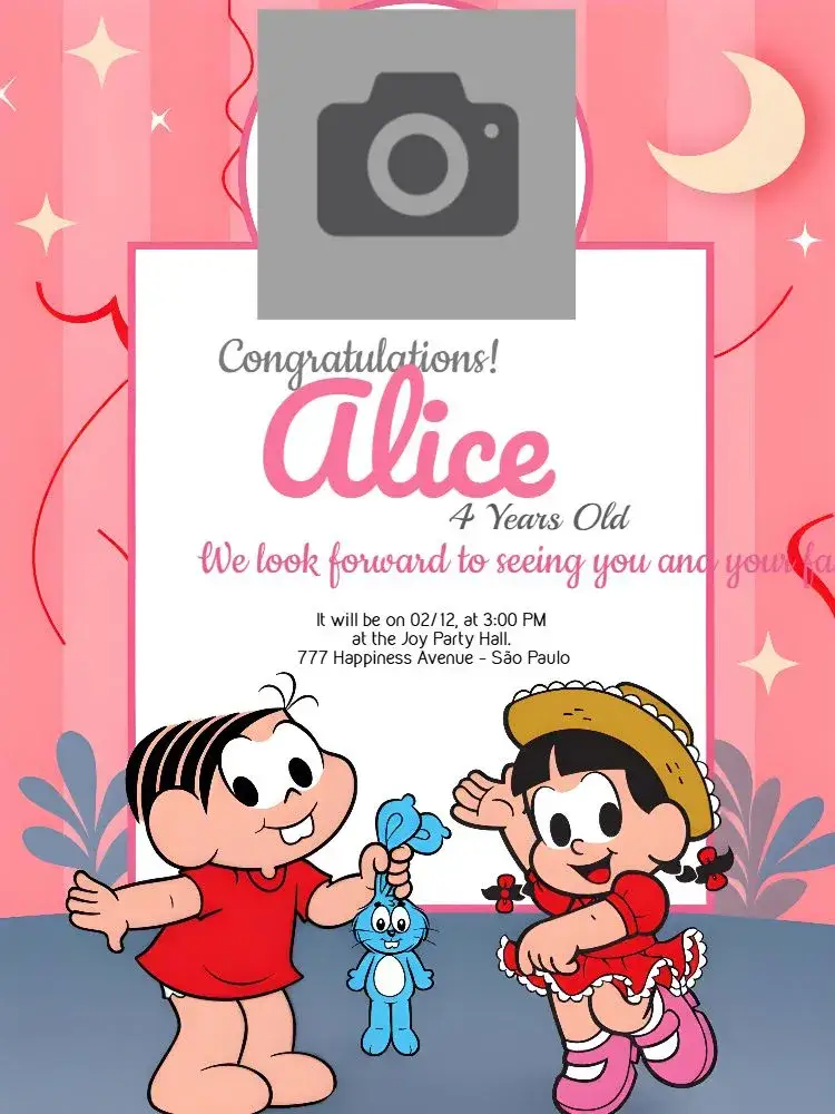 Invitation Turma Da Mônica With Girl Photo – Kids' Birthday Party theme vibrant colors, cartoon style, playful elements, childish design, colorful illustrations