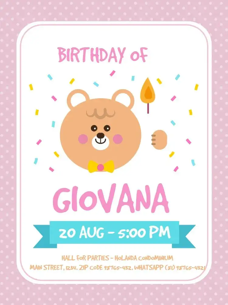 Invitation Girls' Infant Bear Confetti Party – Kids' Birthday Party theme pink, playful, animal, confetti, feminine