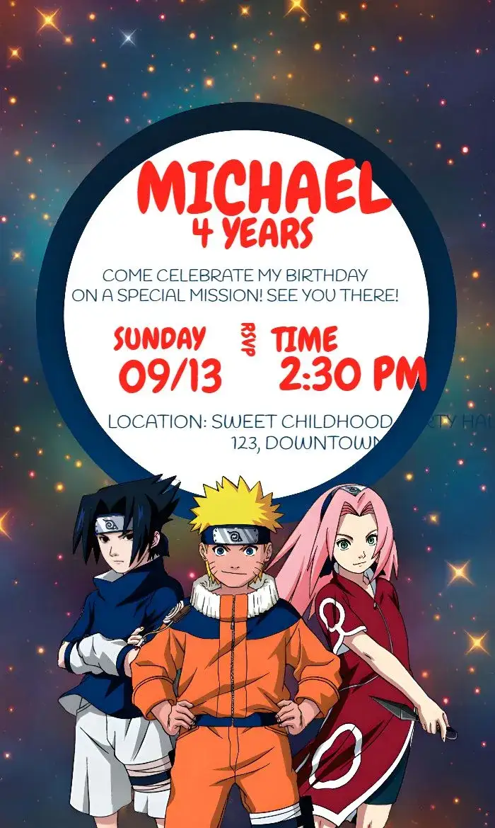Invitation Naruto Shippuden Kakashi – Kids' Birthday Party theme ninja, anime, colorful, themed, modern