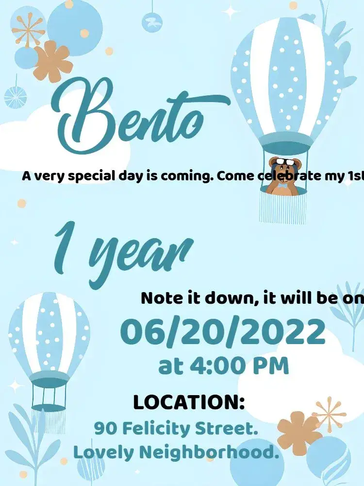 Invitation Balloon Bear Weather – Diaper Shower theme blue, white, playful, childlike, cute, celebration