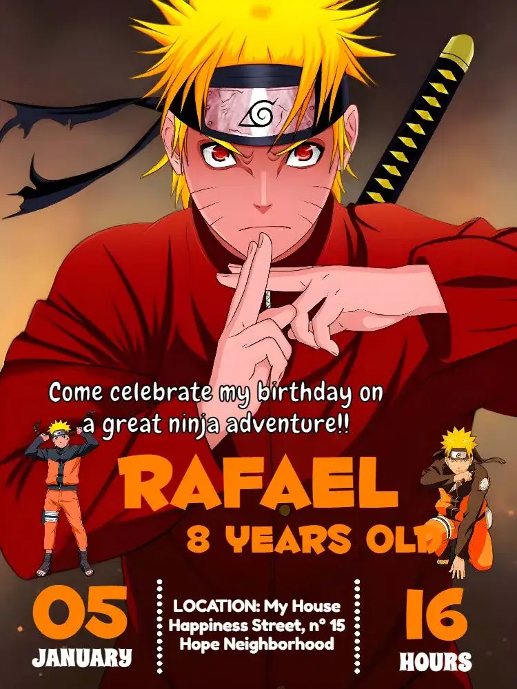 Invitation Orange Naruto – Kids' Birthday Party theme anime, orange, modern, themed, youthful, fun