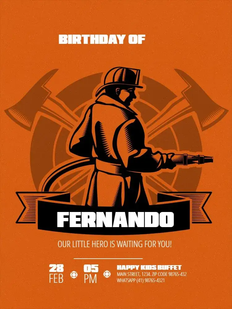 Invitation Orange Firefighters Meeting – Kids' Birthday Party theme orange, firefighters, children's, fun-filled, themed