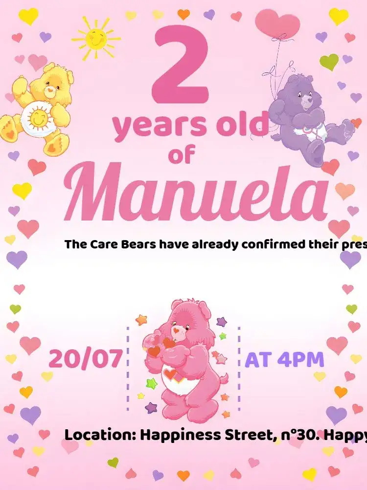 Invitation Care Bears Hearts – Kids' Birthday Party theme pink, feminine, playful, colorful, cute, childlike