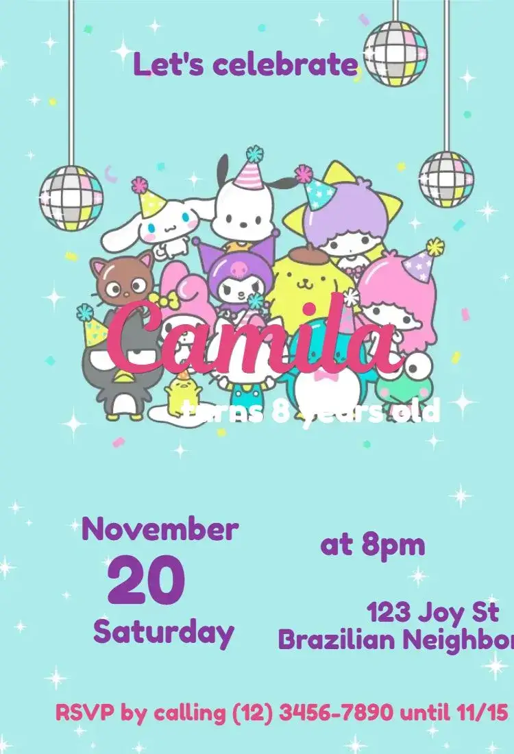 Invitation Hello Kitty – Kids' Birthday Party theme colorful, cute, fun, childish, themed, Sanrio