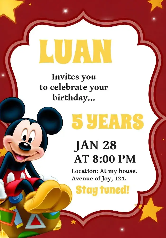 Invitation Red Mickey Mouse – Most searched for theme red, yellow, fun, themed, childlike, vibrant