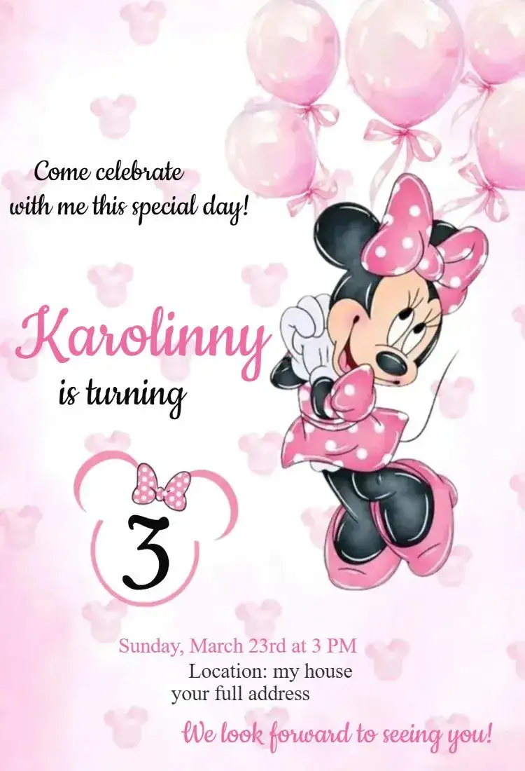 Invitation Pink Minnie 6 – Birthday theme pink, watercolor, fun, childlike, colorful, Minnie Mouse theme