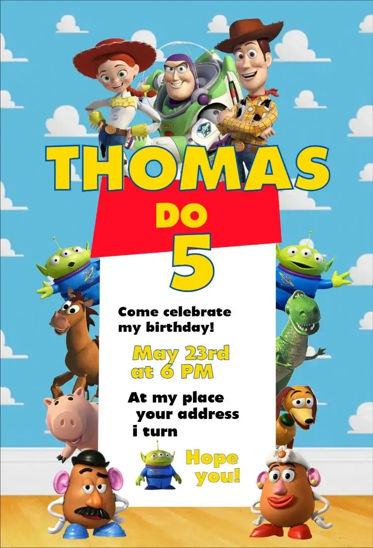 Invitation Toy Story 5 – Birthday theme colorful, fun-filled, adventure-themed, themed, child-friendly, character graphics