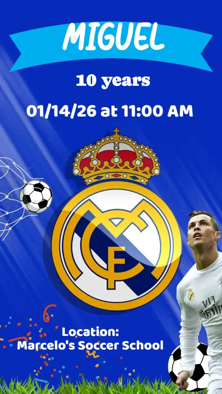 Invitation Real Madrid – Birthday theme modern, soccer, vibrant, sporty, dynamic