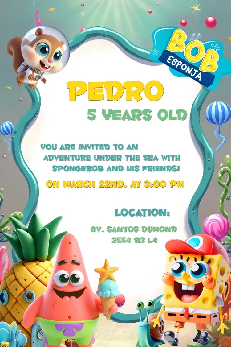 Invitation Bob Esponja Fundo – Kids' Birthday Party theme under the sea, colorful, fun, childlike, tropical