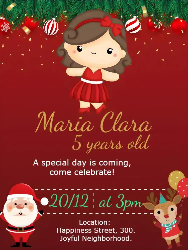 Invitation Christmas Girl Tree – Commemorative Dates theme golden, red, green, themed, fun, childish