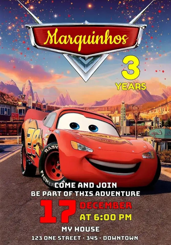 Invitation Lightning McQueen Cars – Most searched for theme vibrant, colorful, themed, fun-filled, childlike, contemporary