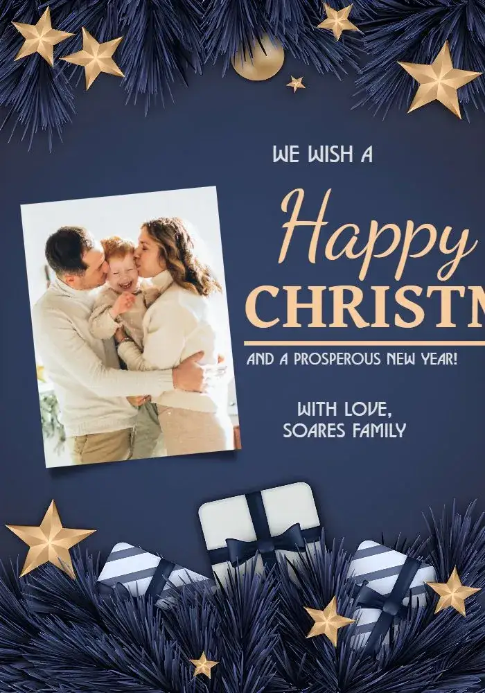 Invitation Blue Christmas Photo Card – Commemorative Dates theme blue, golden, snow, festive, modern, family
