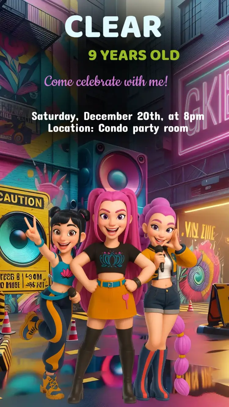 Invitation Warrior K-Pop Birthday Invitation – Kids' Birthday Party theme vibrant colors, modern style, music graphic elements, K-Pop inspired, fun design, energetic visual