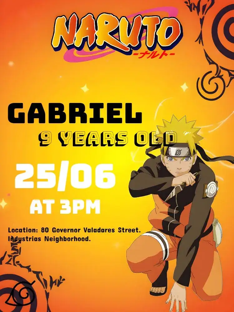 Invitation Gray Naruto – Kids' Birthday Party theme gray, black, orange, white, anime, themed
