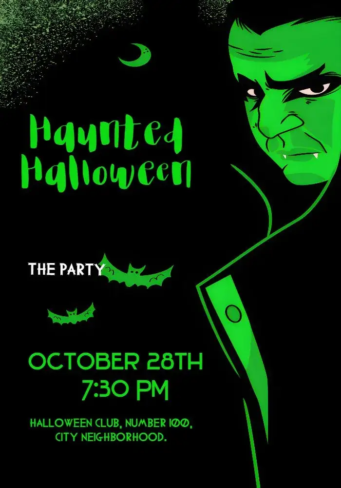 Invitation Halloween Trick – Commemorative Dates theme gothic style, orange and purple colors, Halloween graphic elements, fun design, monster illustrations, festive layout