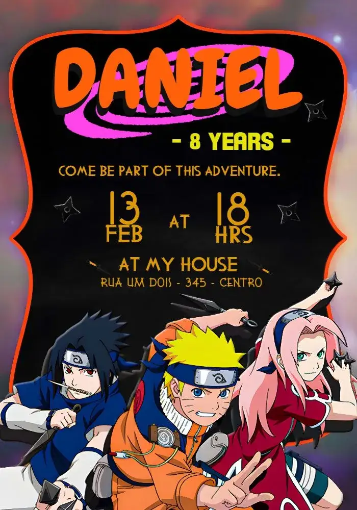 Invitation Naruto Sasuke – Kids' Birthday Party theme modern, anime, vibrant, youthful, themed, fun