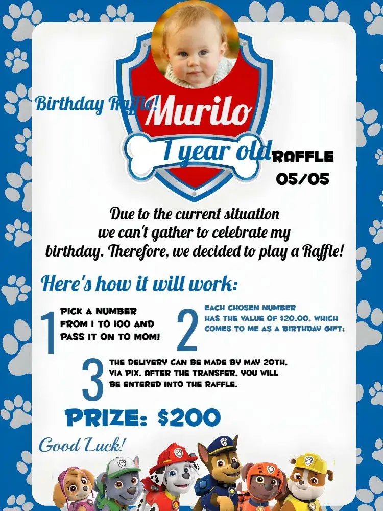 Invitation Paw Patrol Tea Raffle – Kids' Birthday Party theme colorful, fun, childish, themed, modern