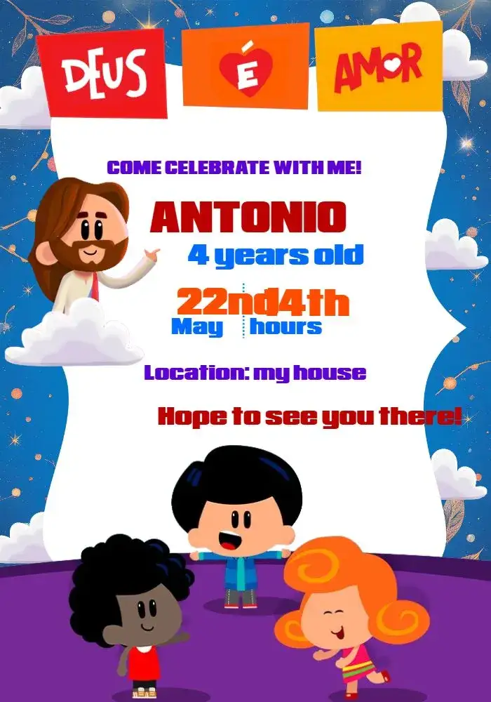 Invitation 3 Little Words Mini Jesus – Most searched for theme colorful, childlike, religious, fun-filled, themed