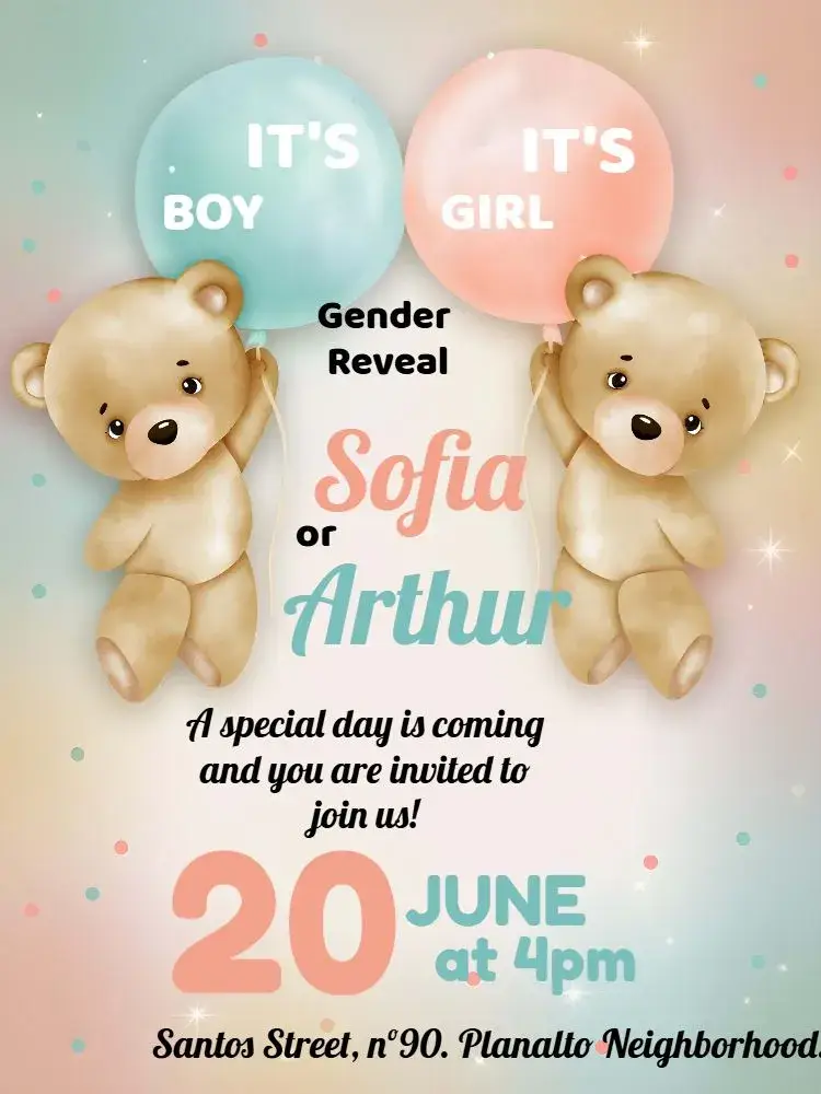 Invite Teddy Bears Baby Gender Reveal editable and customizable